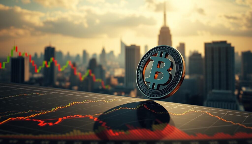 Detailed technical analysis of altcoin market trends, with a focus on key factors influencing price predictions. In the foreground, a grid of candlestick charts, line graphs, and technical indicators illustrate historical price movements and volatility. In the middle ground, a 3D model of a cryptocurrency coin rotates, casting dynamic shadows. The background features a cityscape with skyscrapers, conveying the global scale of the decentralized finance ecosystem. Lighting is dramatic, with warm hues and long shadows. The overall mood is one of analytical depth and financial complexity.