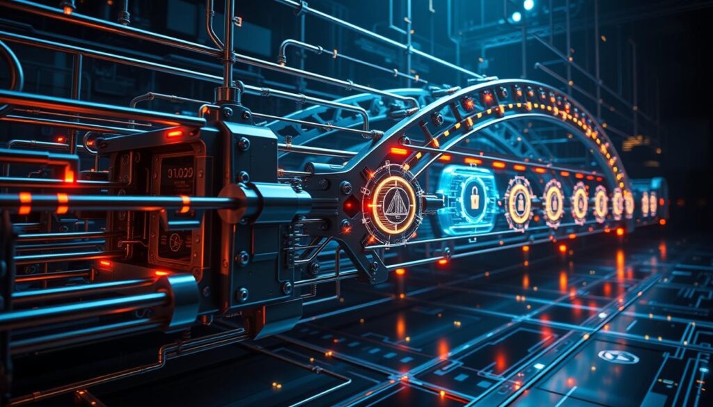 Detailed technical diagram of a blockchain bridge security system. A complex network of interlocking protocols, cryptographic functions, and decentralized components. Sleek metallic forms, dynamic glowing lines, and holographic overlays convey the advanced nature of the design. Perspective shifted to showcase multiple layers of the bridge's architecture, with emphasis on the robust security mechanisms that protect against attacks and ensure the integrity of cross-chain asset transfers. Dramatic lighting casts dramatic shadows, creating a sense of technological sophistication and military-grade protection. Overall, a visually striking and technically accurate representation of the security backbone of a next-generation NFT bridge.