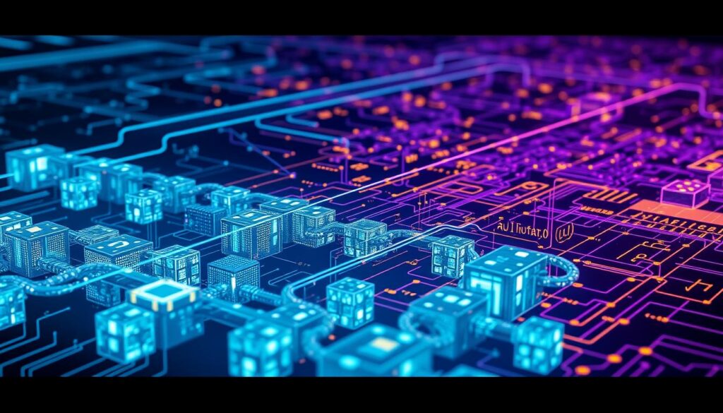 Detailed technical schematic of blockchain security mechanisms. Intricate interweaving of cryptographic hashing functions, distributed ledger, and consensus protocols. Foreground depicts secure data blocks chained together, glowing with a serene blue-green luminescence. Midground showcases complex mathematical algorithms and digital signatures, rendered in shades of purple and gold. Background features a vast, interconnected network of nodes and pathways, pulsing with the rhythmic flow of transaction validation. Dramatic chiaroscuro lighting casts dramatic shadows, emphasizing the robust, resilient nature of the blockchain architecture. Sleek, minimal aesthetic with a sense of technological sophistication and impenetrable security.