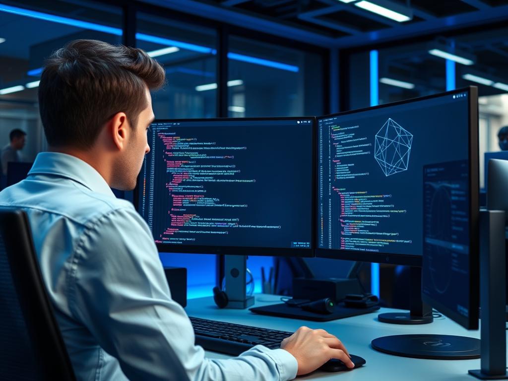Developer creating smart contracts for tokenized assets on blockchain platforms