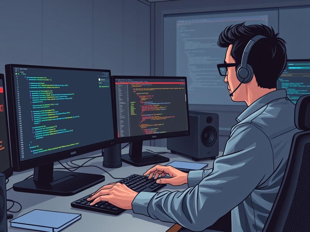 Developer working on dynamic NFT smart contract code with multiple screens showing Solidity, IPFS, and JavaScript