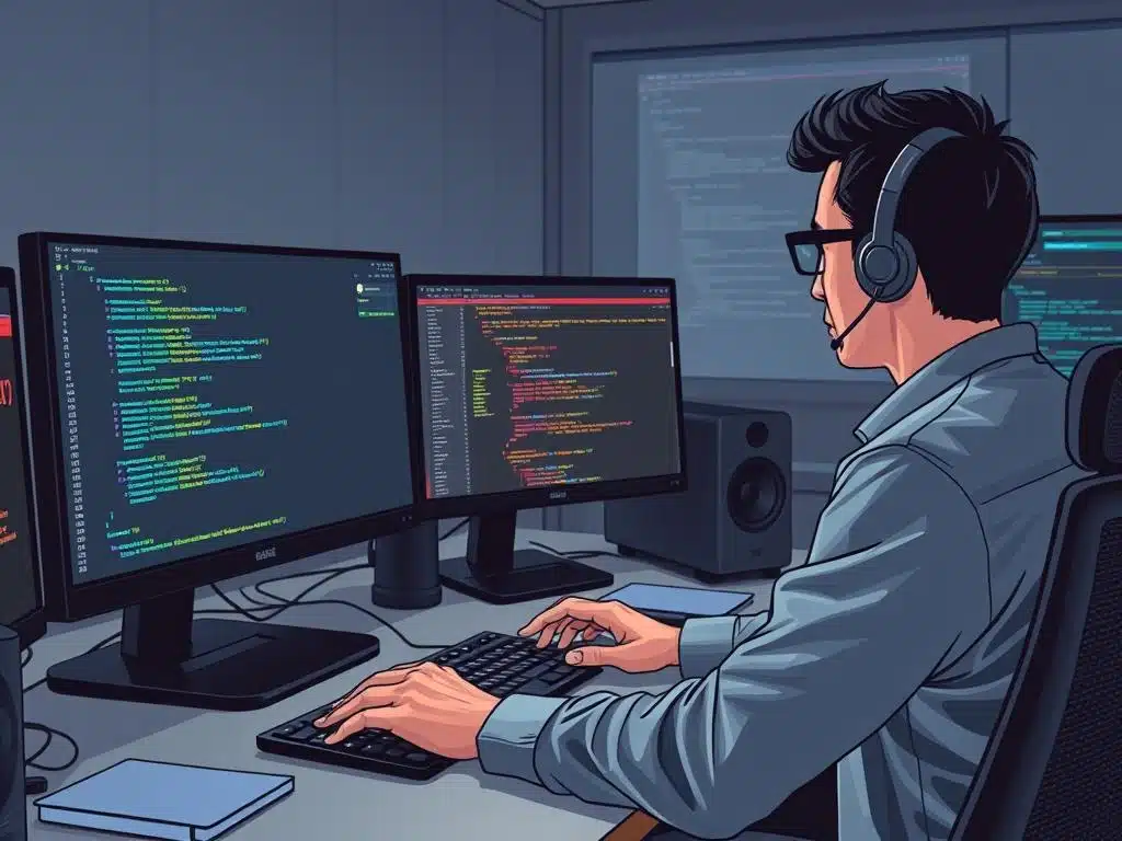 Developer working on dynamic NFT smart contract code with multiple screens showing Solidity, IPFS, and JavaScript