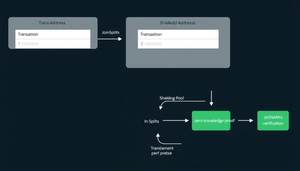 Diagram of Zcash's shielded transaction architecture using zero-knowledge proofs