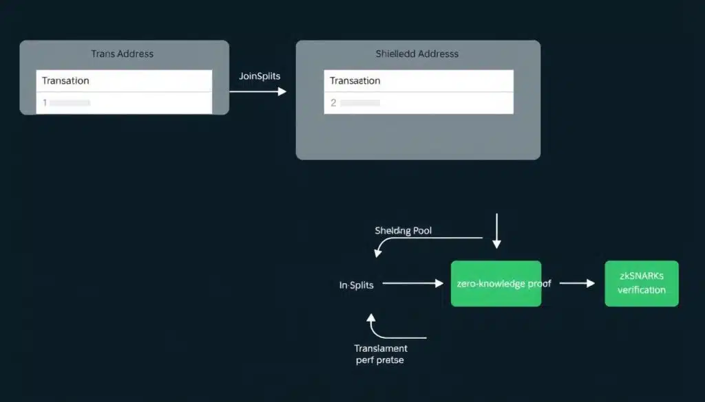 Diagram of Zcash's shielded transaction architecture using zero-knowledge proofs