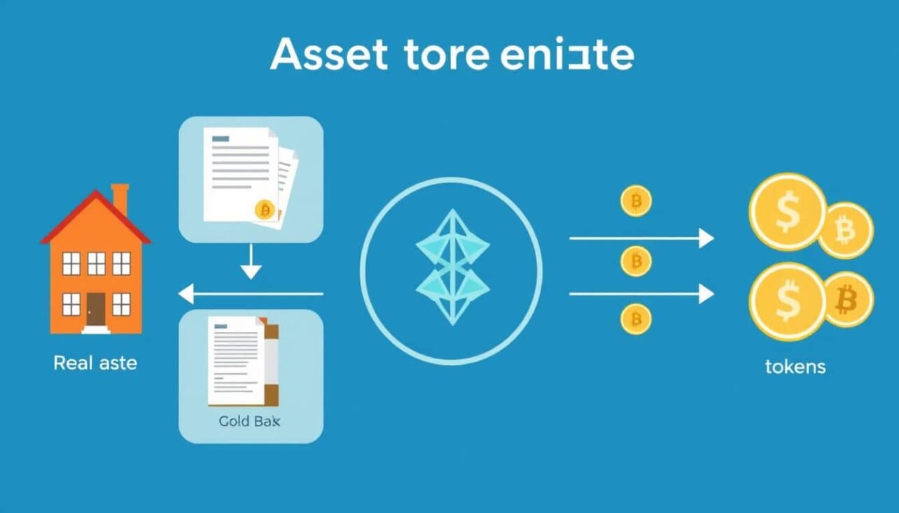 Diagram showing how to create tokenized assets on blockchain platforms with physical assets on one side transforming into digital tokens on the other