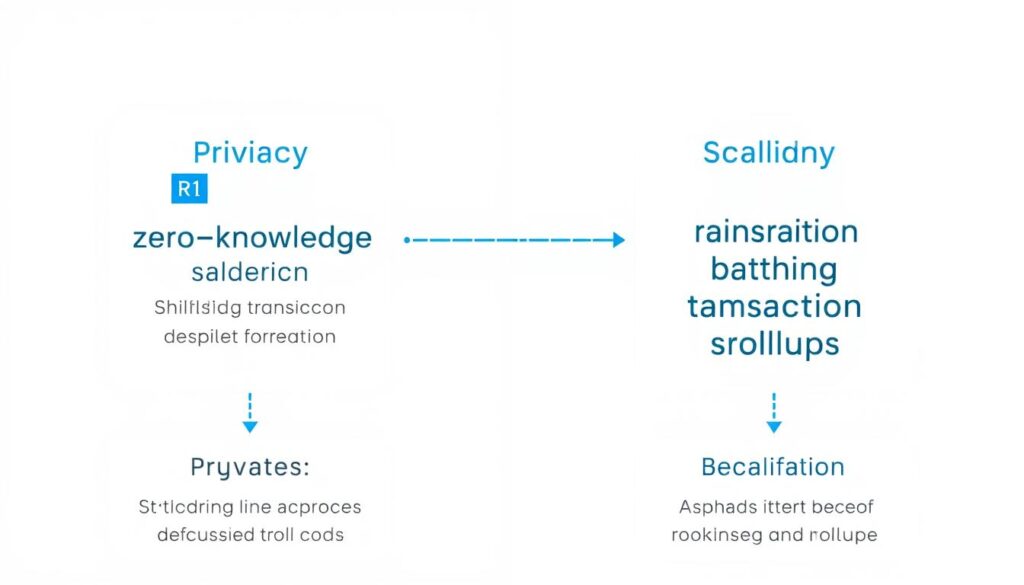 Diagram showing how zero-knowledge proofs enable both privacy and scalability in blockchain systems