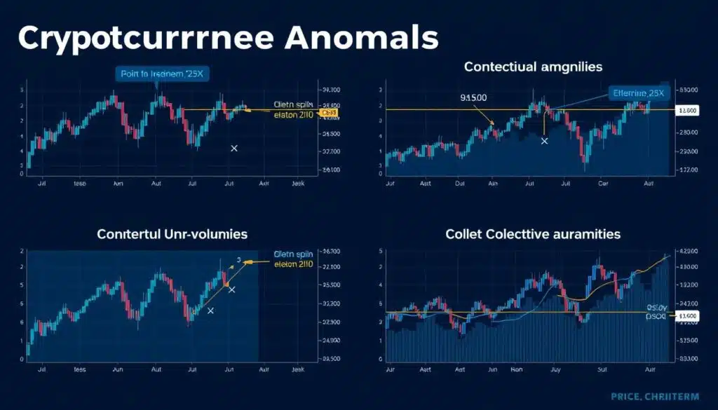 Different types of cryptocurrency market anomalies visualized on price and volume charts Different types of cryptocurrency market anomalies visualized on price and volume charts