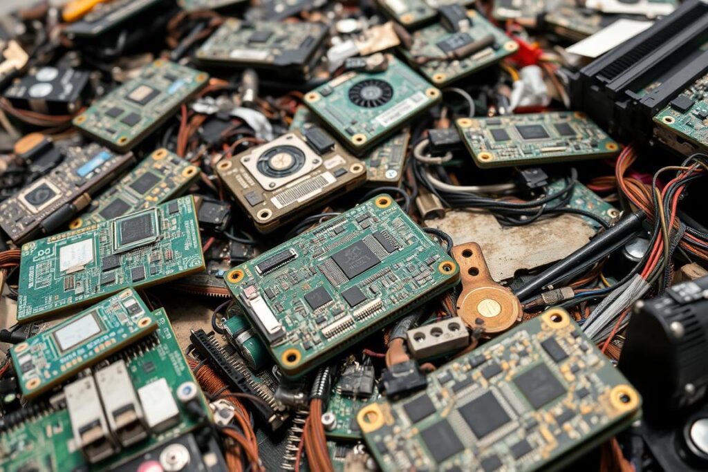 Discarded ASIC miners representing the electronic waste problem of Proof of Work systems compared to Proof of Stake energy efficiency