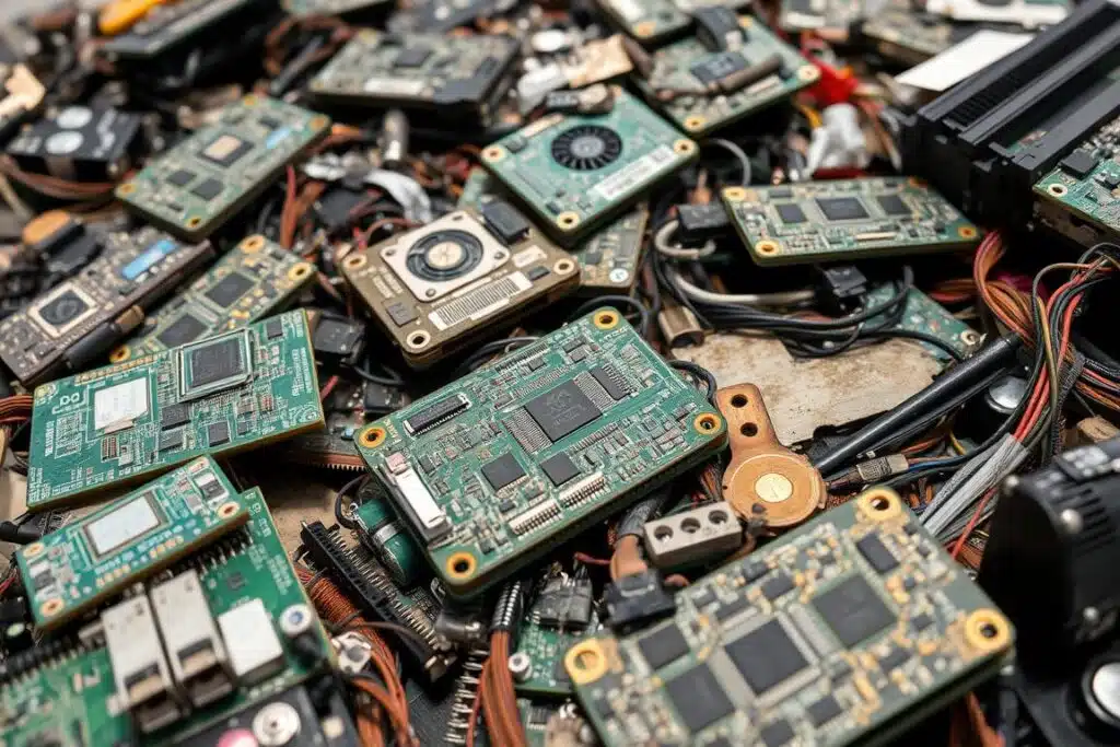 Discarded ASIC miners representing the electronic waste problem of Proof of Work systems compared to Proof of Stake energy efficiency