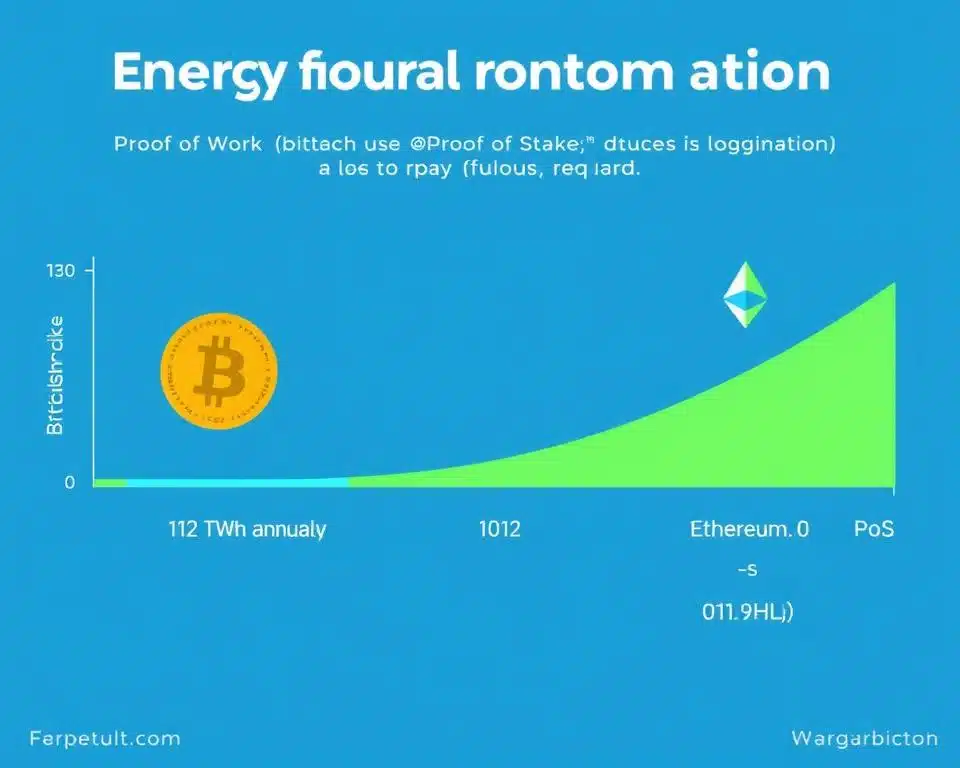 Energy consumption comparison between Proof of Work and Proof of Stake networks showing dramatic efficiency differences