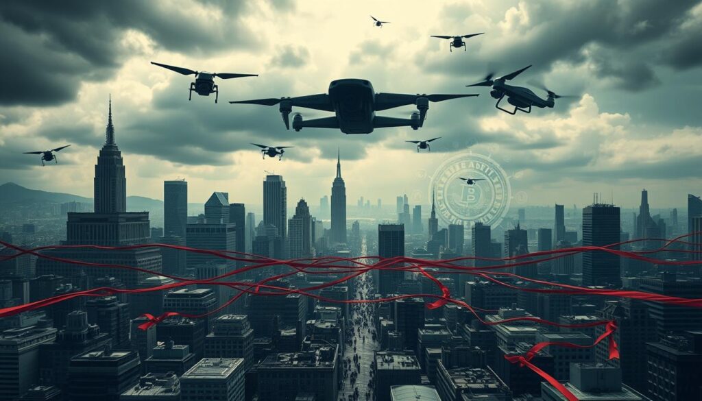 Enforcement landscape crypto: a harsh, imposing cityscape under an ominous sky. In the foreground, towering government buildings and surveillance drones loom over a maze of regulations and red tape. The middle ground features a chaotic scene of crypto traders and businesses navigating a treacherous regulatory minefield, their faces etched with concern. In the background, an abstract representation of the crypto ecosystem - a swirling vortex of digital tokens and blockchain infrastructure - is overshadowed by the dominant presence of law enforcement. The overall mood is one of uncertainty, control, and the uneasy coexistence of innovation and compliance.