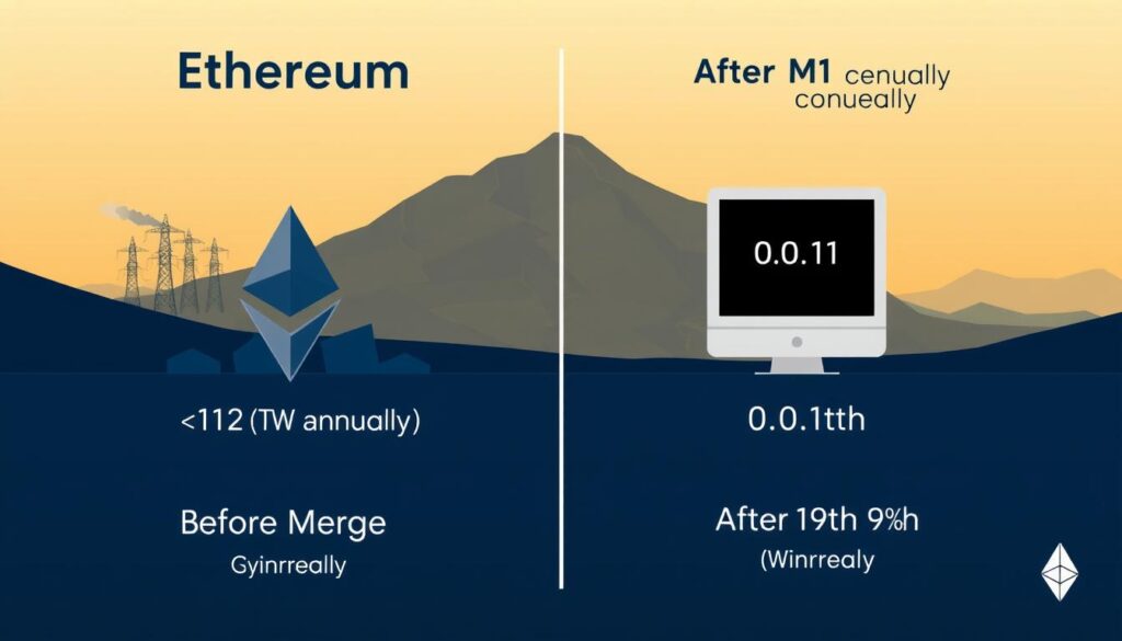 Ethereum's energy consumption before and after The Merge showing dramatic Proof of Work vs Proof of Stake energy efficiency improvement