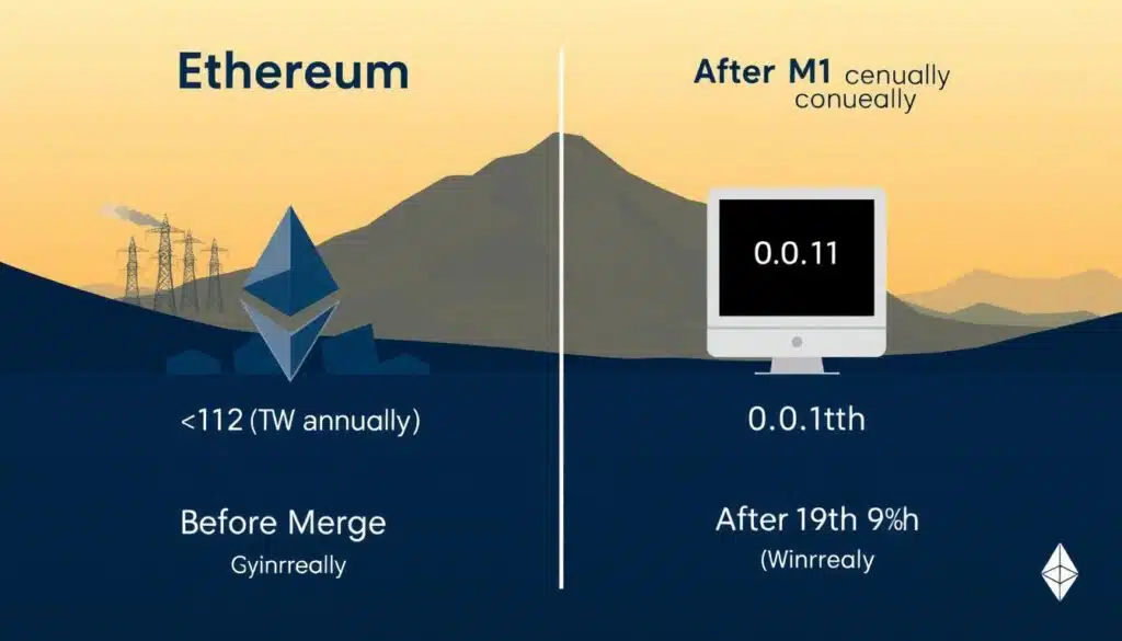Ethereum's energy consumption before and after The Merge showing dramatic Proof of Work vs Proof of Stake energy efficiency improvement