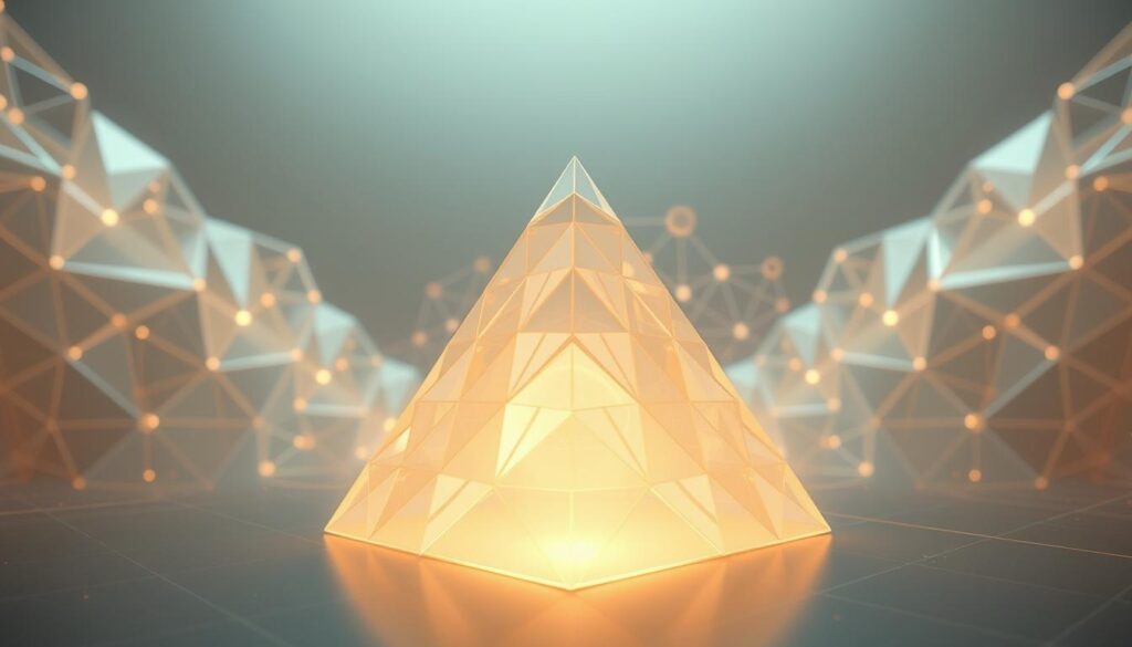 Fractional NFT ownership models, a digital canvas of interlocking geometric shapes and translucent polygons. In the foreground, a central pyramid of cascading triangles, each representing a fractional stake, casts a soft glow. The middle ground features a dynamic network of interconnected nodes, symbolizing the collective ownership and investment strategies within a decentralized autonomous organization. The background is a subtle gradient, evoking a sense of depth and technological elegance. Lighting is soft and diffused, with a hint of metallic sheen, capturing the futuristic and innovative spirit of this emerging financial paradigm.