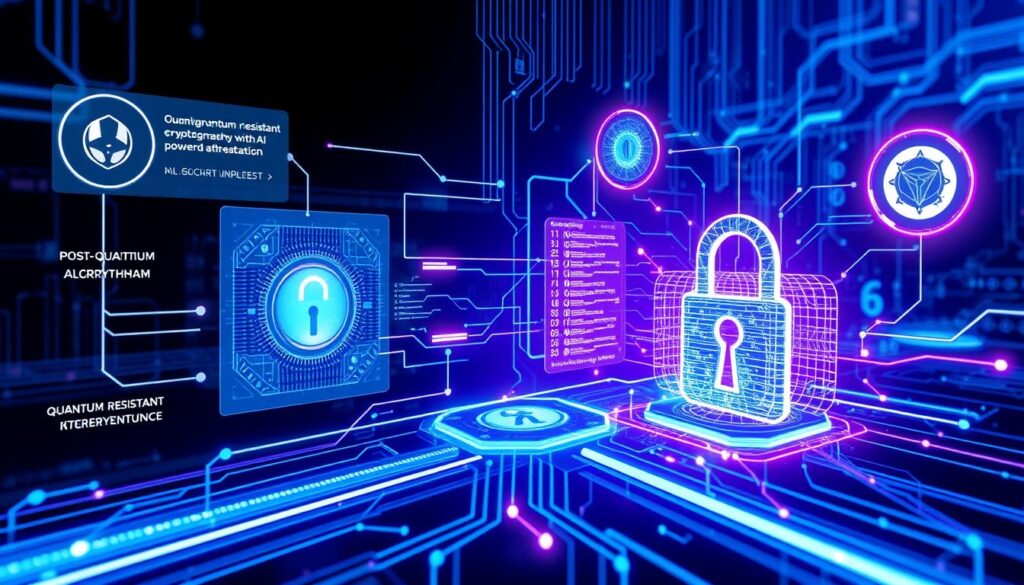 Futuristic representation of quantum-resistant encryption combined with AI-powered cryptocurrency fraud detection