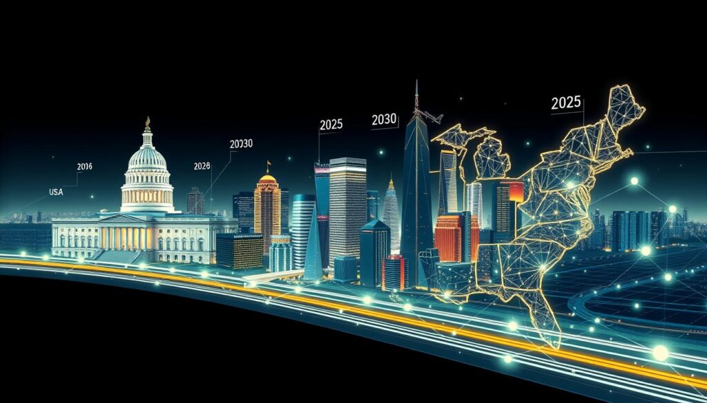 Futuristic visualization of blockchain technology integration in American business and government