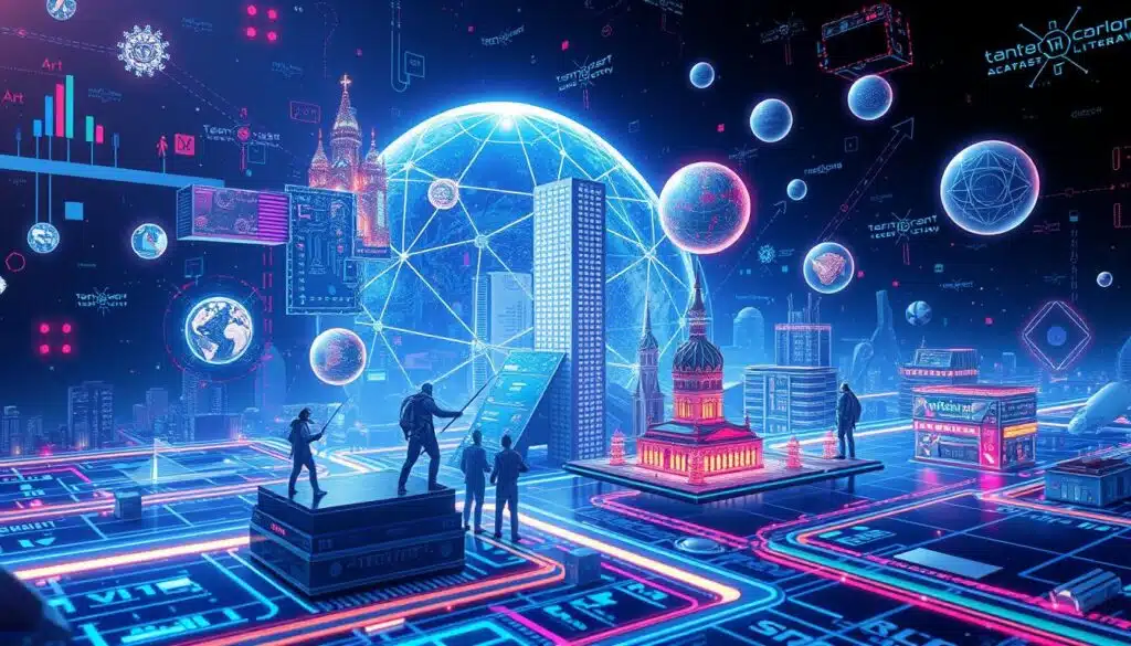 Futuristic visualization of dynamic NFTs integrated into various aspects of digital life