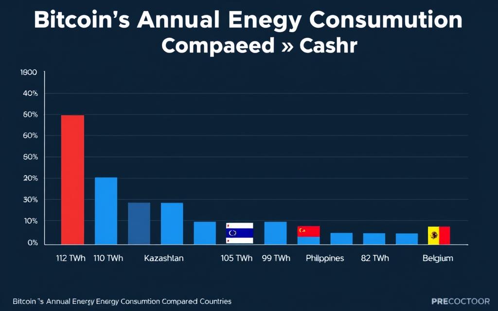Graph showing Bitcoin's energy consumption compared to countries, highlighting Proof of Work vs Proof of Stake energy efficiency differences