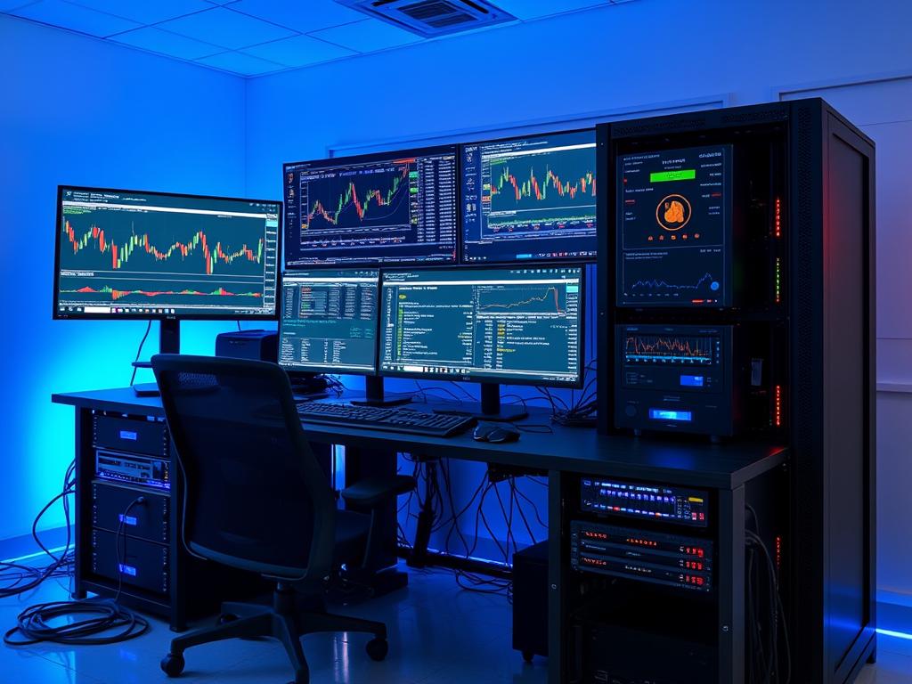Hardware setup for AI cryptocurrency arbitrage trading showing server and network configuration