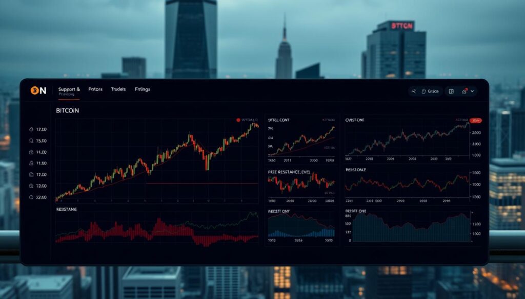 High-definition, photo-realistic image of a crypto trading strategy dashboard, displaying support and resistance levels for various cryptocurrencies. The dashboard features sleek, minimalist UI design with clean lines and a dark color scheme. In the foreground, a line chart shows the price movements of Bitcoin, with key support and resistance levels clearly marked. The middle ground showcases several other cryptocurrency price charts, each with their own support and resistance indicators. The background depicts a cityscape with skyscrapers, reflecting the financial and technological nature of the subject matter. The image is captured with a wide-angle lens, creating a sense of depth and scale. The lighting is soft and diffused, creating a professional, authoritative atmosphere.
