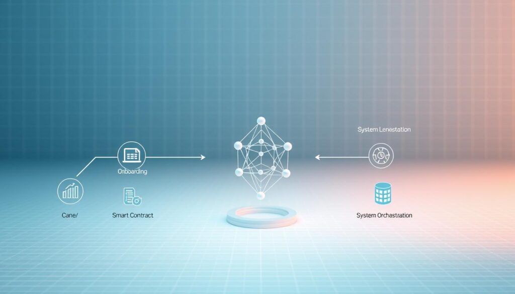 Intricate blockchain integration steps depicted in a sleek, minimalist style. Foreground shows a series of interconnected geometric shapes and icons symbolizing the core stages of blockchain integration - onboarding, data migration, smart contract deployment, and system orchestration. Middle ground features a stylized 3D blockchain network visualization, with nodes and transaction pathways. Background has a subtle grid pattern, conveying the underlying technological framework. Soft, cool-toned lighting creates a sense of futuristic, high-tech ambiance. The composition is clean, balanced, and designed to communicate the process of seamlessly integrating blockchain into existing business infrastructure.