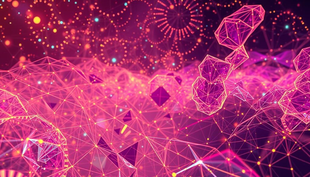 Intricate generative art patterns dance across the frame, formed by lines, shapes, and vibrant colors that flow and morph in an endless algorithmic ballet. In the foreground, geometric shapes and abstract forms intertwine, their edges softened by a warm, diffused lighting that creates a dreamlike atmosphere. In the middle ground, complex fractals and procedurally-generated textures unfold, hinting at the mathematical precision that underpins their creation. The background is a nebula of dynamic, swirling visual elements, suggesting the infinite potential of code and artificial intelligence to generate captivating, ever-evolving digital artworks. The overall effect is one of mesmerizing beauty, technological innovation, and the convergence of human creativity and machine intelligence.