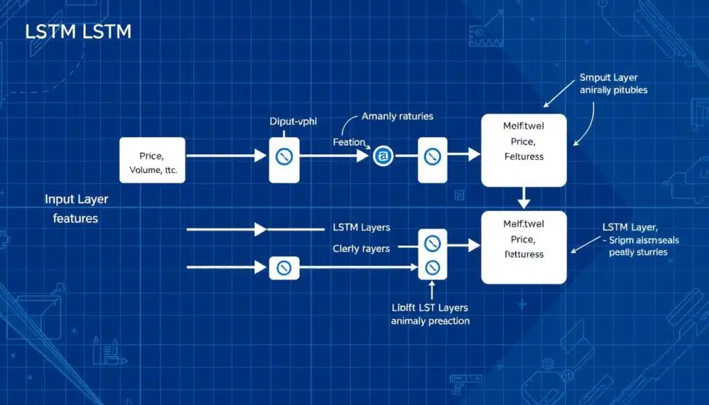 LSTM network architecture for cryptocurrency anomaly detection showing input layers, LSTM cells, and output prediction LSTM network architecture for cryptocurrency anomaly detection showing input layers, LSTM cells, and output prediction