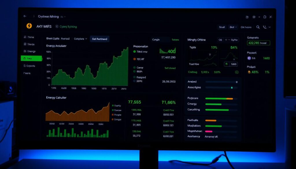 Mining software dashboard showing energy efficiency metrics and profitability