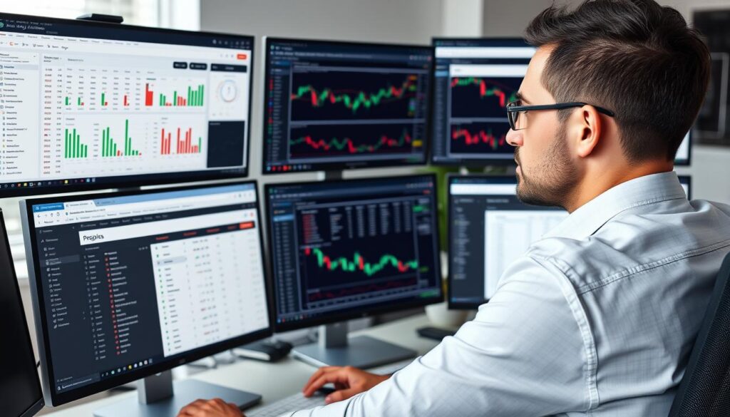 Person analyzing different crypto trading bot features on multiple screens