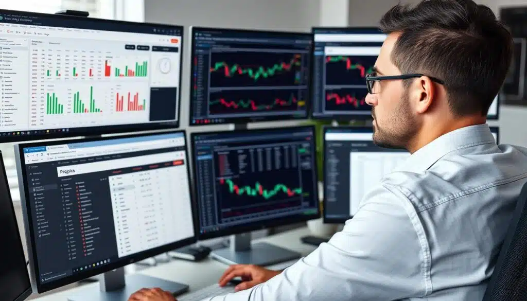 Person analyzing different crypto trading bot features on multiple screens