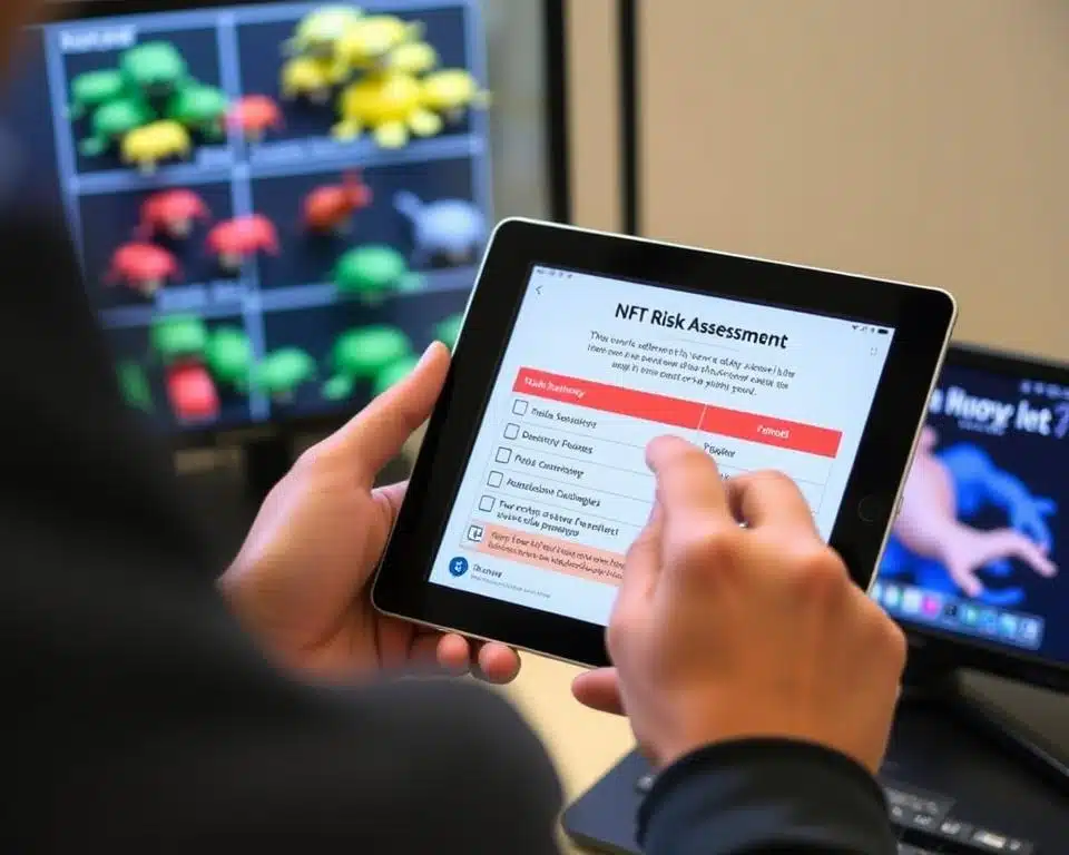 Person completing NFT risk assessment checklist on tablet with protection strategies highlighted