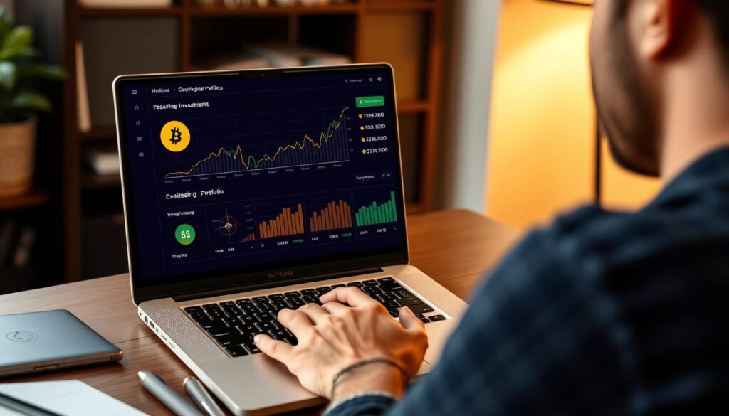 Person reviewing cryptocurrency portfolio growth from recurring investments on laptop