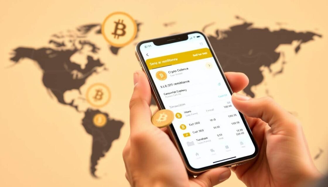 Person sending cryptocurrency international remittances on mobile phone