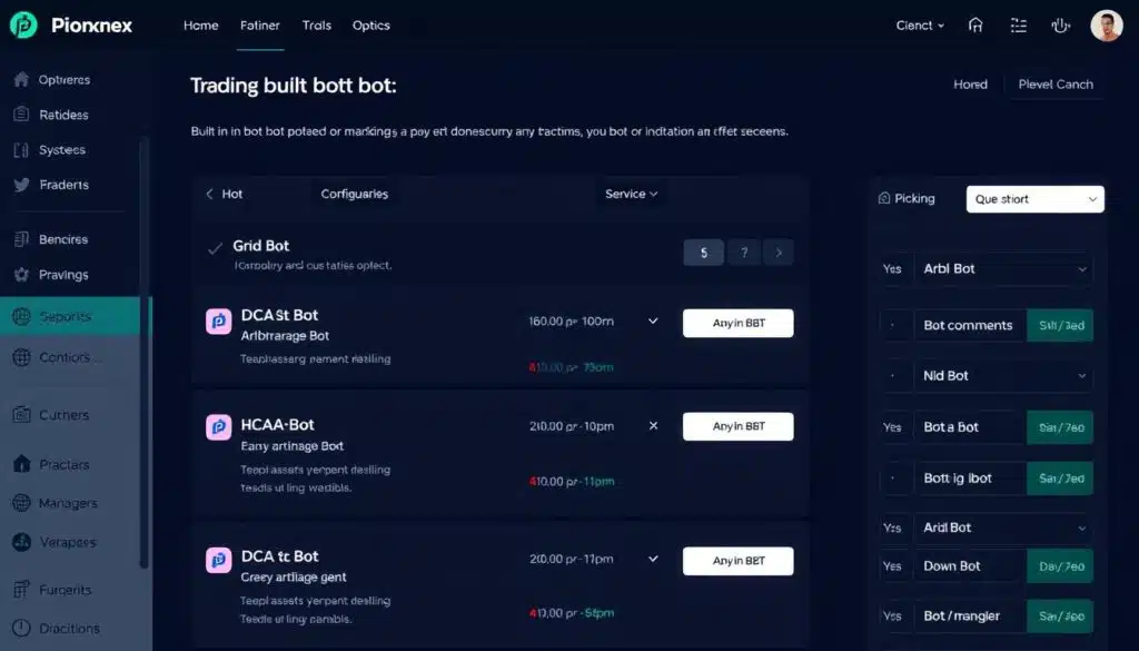 Pionex trading platform showing built-in bot selection interface