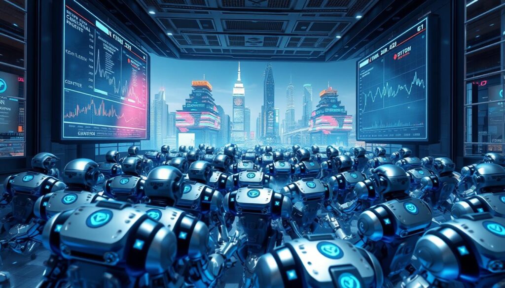 Prompt A bustling digital trading floor, filled with holographic displays and sleek, silver trading bots emblazoned with the CRYPTOMAXIMAL logo. Towering screens display real-time data and charts, casting a cool, blue-tinted glow across the scene. In the foreground, a cluster of autonomous trading algorithms execute lightning-fast transactions, their movements mirroring the fluctuations of the Solana blockchain. The background is a dynamic cityscape, with skyscrapers and neon-lit streets, conveying the excitement and energy of the Photon Sol ecosystem.