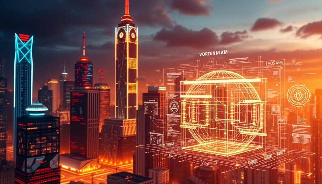 Prompt A complex smart contract framework for a decentralized autonomous organization (DAO) emerging from a futuristic cityscape, with towering holographic displays and floating data visualizations. The scene is illuminated by a warm, ambient glow, creating a sense of technological sophistication and innovation. In the foreground, a dynamic, translucent user interface showcases the DAO's governance mechanisms, including voting protocols and decision-making processes. The overall atmosphere conveys a balance of technical precision and democratic principles, reflecting the core principles of blockchain-based governance.