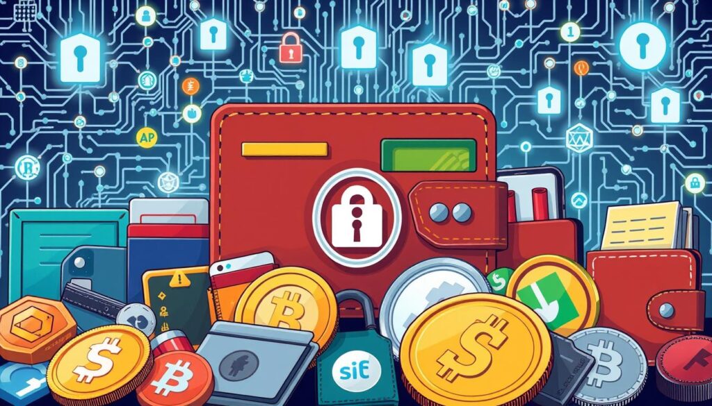 Prompt A detailed illustration showcasing the various types of cryptocurrency wallets and their security features. The foreground depicts a diverse array of wallet types, including hardware, software, and mobile wallets, each with distinct shapes, colors, and designs. The middle ground highlights the key security elements of each wallet, such as private keys, encryption, and multi-factor authentication. In the background, a complex network of digital infrastructure, including blockchain nodes and encrypted connections, creates a sense of technological sophistication. The lighting is sharp and focused, emphasizing the technical nature of the subject, while the overall composition conveys a sense of security, reliability, and innovation in the cryptocurrency ecosystem.