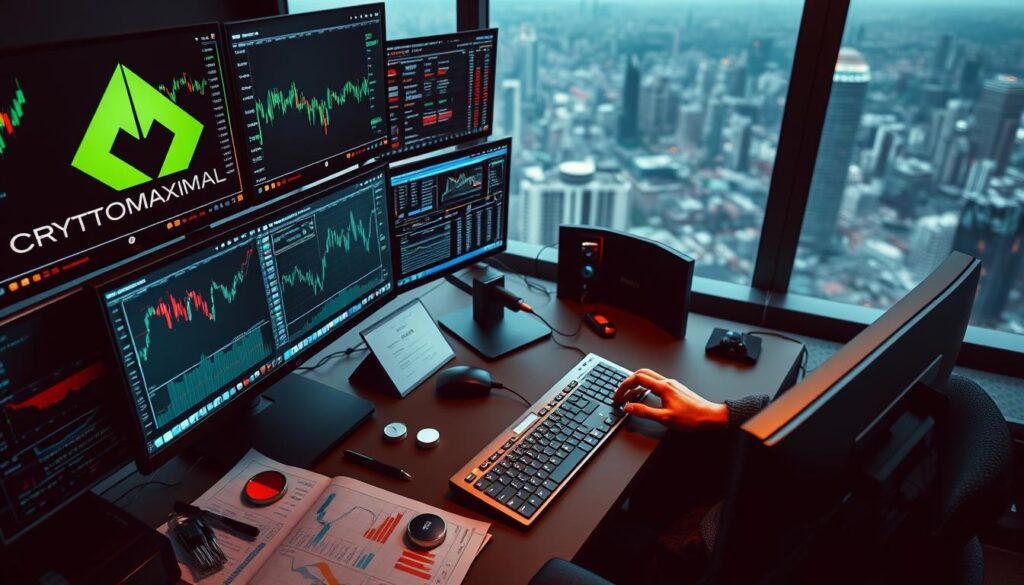 Prompt A dynamic, well-lit overhead view of a trading desk, with a CRYPTOMAXIMAL logo prominently displayed. In the foreground, various trading charts, graphs, and analytical tools are meticulously arranged, reflecting the complexity of modern financial strategies. The middle ground showcases a trader intently focused on multiple screens, hands poised over a sleek keyboard, immersed in the digital landscape of market data. The background subtly fades into a cityscape, hinting at the broader economic forces shaping the decisions made at this trading station. The overall atmosphere conveys a sense of precision, intensity, and the power of data-driven investing.