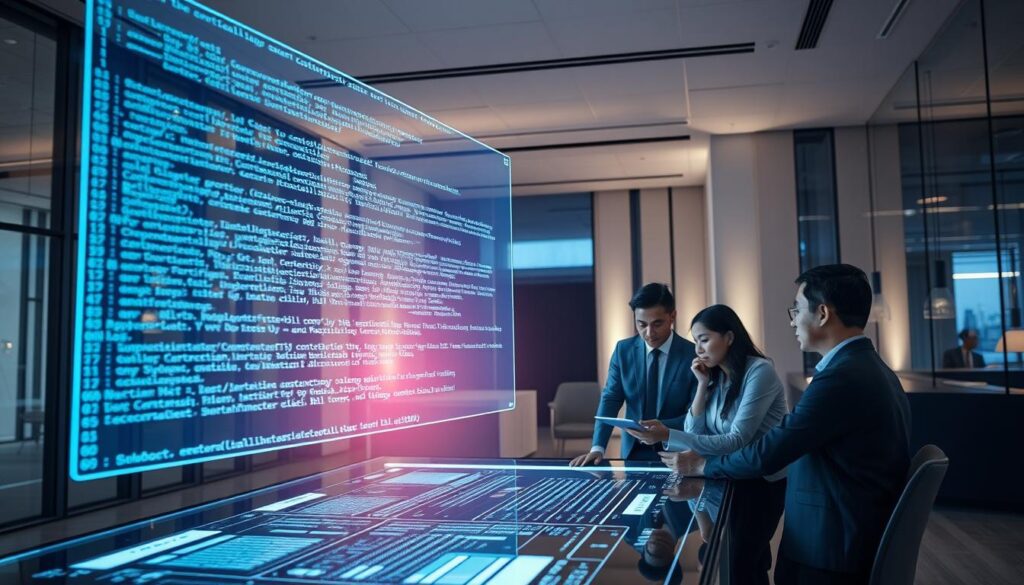 Prompt A futuristic, high-tech scene depicting the power of smart contracts in enterprise business processes. In the foreground, a holographic display shows the execution of a complex smart contract, with lines of code and digital signatures floating in the air. In the middle ground, a team of business professionals examines the contract details on a large interactive touchscreen table, collaborating on its implementation. In the background, a modern office setting with sleek, minimalist architecture, floor-to-ceiling windows, and subtle ambient lighting, conveying a sense of innovation and efficiency. The overall mood is one of advanced technology, seamless workflow, and the transformative potential of smart contracts in the business world.