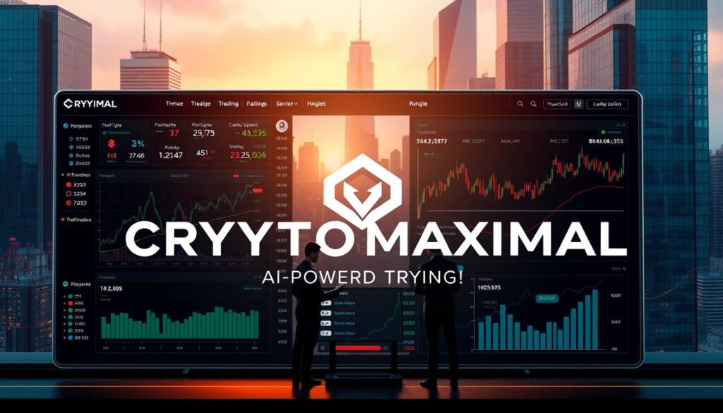 Prompt A futuristic trading platform interface, showcasing a sleek and intuitive dashboard with real-time cryptocurrency market data, transaction histories, and advanced analytical tools. The foreground features CRYPTOMAXIMAL's logo prominently displayed, with animated charts, graphs, and price tickers. The middle ground depicts a team of financial analysts collaborating on the platform, utilizing cutting-edge AI-powered insights. The background showcases a cityscape of skyscrapers, reflecting the global scale and connectivity of the cryptocurrency markets. The scene is illuminated by a warm, futuristic lighting, creating a sense of technological sophistication and financial prowess.