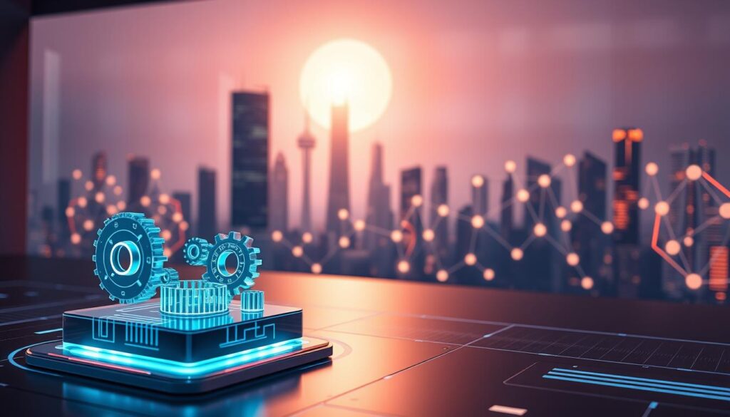 Prompt A sleek, futuristic interface showcases a dynamic smart contract governing the automated distribution of royalties to digital artists. In the foreground, a crisp 3D visualization depicts the contract's inner workings, with interlocking gears and circuits symbolizing the precision and efficiency of the process. The middle ground features a stylized blockchain network, its nodes glowing with activity as transactions are recorded. The background immerses the viewer in a minimalist, neon-tinged cityscape, hinting at the global scale and technological sophistication of this innovative royalty system. Soft lighting casts a warm, inviting glow, conveying a sense of progress and empowerment for creators in the digital age.