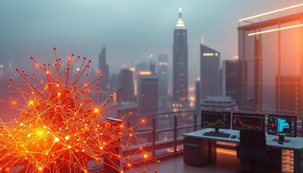 Prompt A striking, cinematic image of machine learning models in the trading world. In the foreground, a cluster of neural networks and data visualizations pulsing with energy, their intricate layers illuminated by a warm, focused lighting. In the middle ground, sleek trading terminals and financial dashboards, displaying real-time market data and predictive algorithms. The background is a hazy cityscape, with skyscrapers and digital infrastructure symbolizing the tech-driven future of finance. The overall atmosphere is one of power, innovation, and the CRYPTOMAXIMAL's embrace of cutting-edge AI to enhance crypto market prediction accuracy.