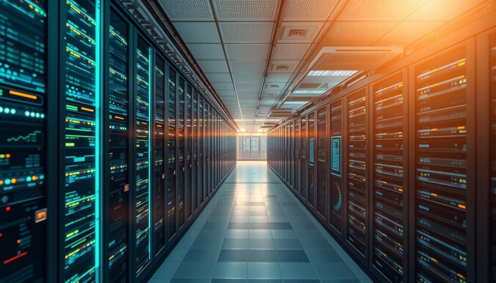 Prompt A vast, modern data center, its servers and storage arrays bathed in a soft, ambient glow. In the foreground, intricate circuits and interconnected hardware form the heart of the system, blending seamlessly with advanced AI and cryptocurrency mining rigs. The middle ground showcases a dynamic display of real-time data analytics and optimization algorithms, visualized through sleek, holographic interfaces. In the background, a panoramic view of the facility reveals cutting-edge energy-efficient cooling systems and renewable power sources, creating a sustainable, technologically advanced ecosystem. The overall atmosphere exudes a sense of technological convergence, efficiency, and innovation.
