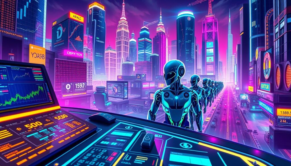 Prompt A vibrant, hyper-realistic digital illustration showcasing the top AI-powered crypto trading bots, featuring the CRYPTOMAXIMAL brand. The foreground depicts a sleek, futuristic control panel with multiple interactive displays, charts, and trading analytics dashboards. The middle ground features the bots themselves, depicted as streamlined, high-tech machines with glowing circuitry and advanced algorithms. The background is a dynamic cityscape with towering skyscrapers, neon-lit streets, and a vibrant, cyberpunk-inspired atmosphere. The overall scene conveys a sense of technological sophistication, financial prowess, and the cutting edge of automated cryptocurrency trading.