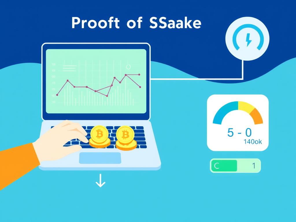 Proof of Stake validation process showing staking and validation on a laptop, emphasizing energy efficiency