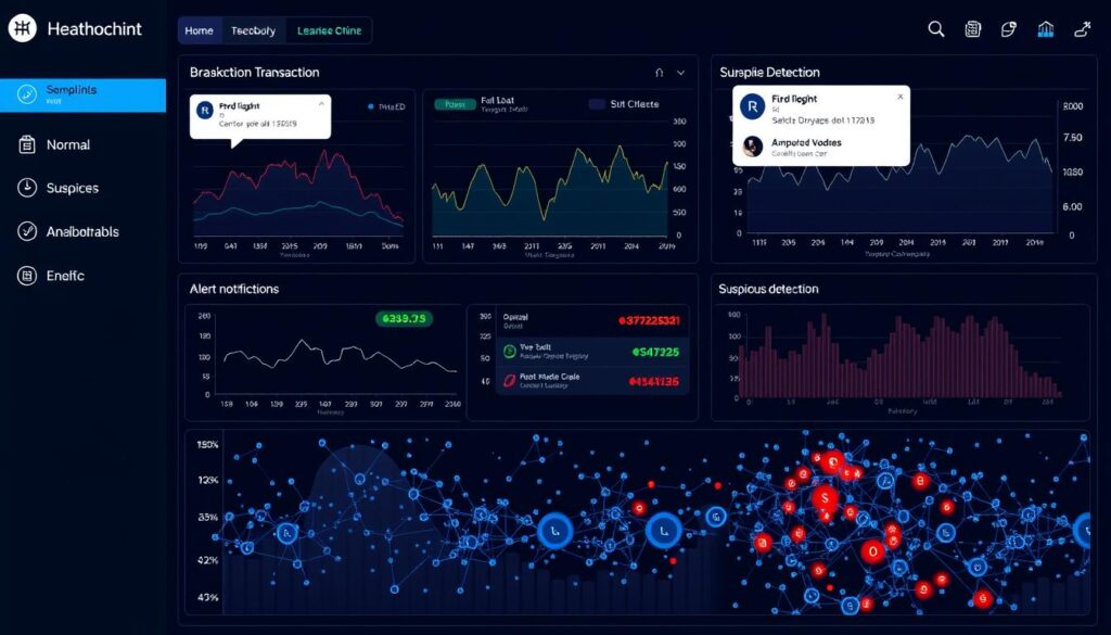 Real-time blockchain anomaly detection dashboard showing transaction monitoring and AI-powered cryptocurrency fraud detection alerts