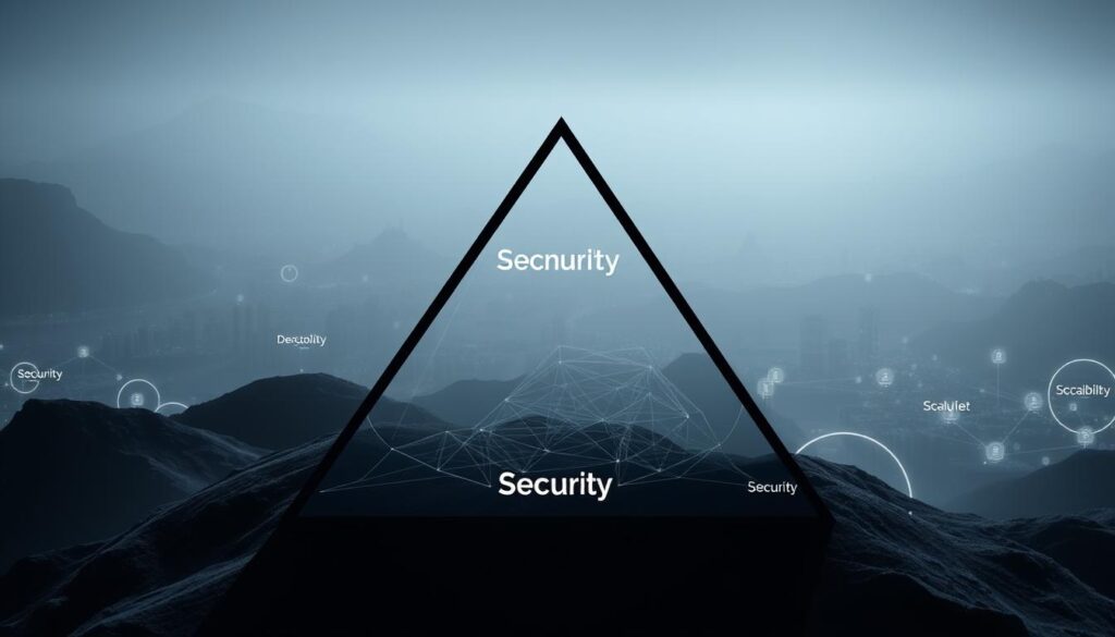 Scalability Trilemma Diagram: A three-dimensional landscape depicting the delicate balance between Decentralization, Security, and Scalability. The foreground features a triangular structure, its edges labeled with these key attributes. The middle ground showcases a network of interconnected nodes, their density and connections visualizing the trade-offs. In the background, a hazy, futuristic cityscape symbolizes the real-world applications grappling with this fundamental blockchain challenge. Muted, cool tones create a contemplative atmosphere, inviting the viewer to ponder the nuances of this technological conundrum. Dramatic lighting casts sharp shadows, emphasizing the tensions inherent in the Scalability Trilemma.