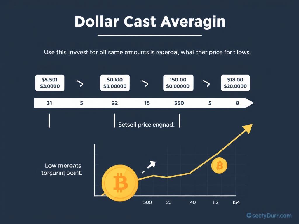 Step-by-step illustration of dollar cost averaging in cryptocurrency showing regular investments regardless of price
