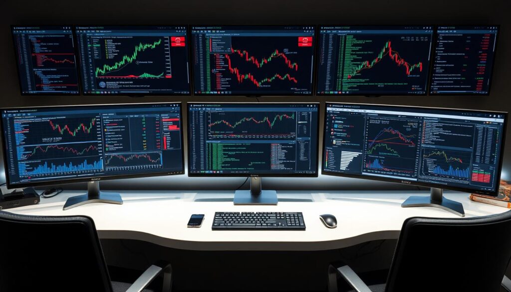 Successful AI cryptocurrency arbitrage trading setup with multiple monitors and trading dashboard