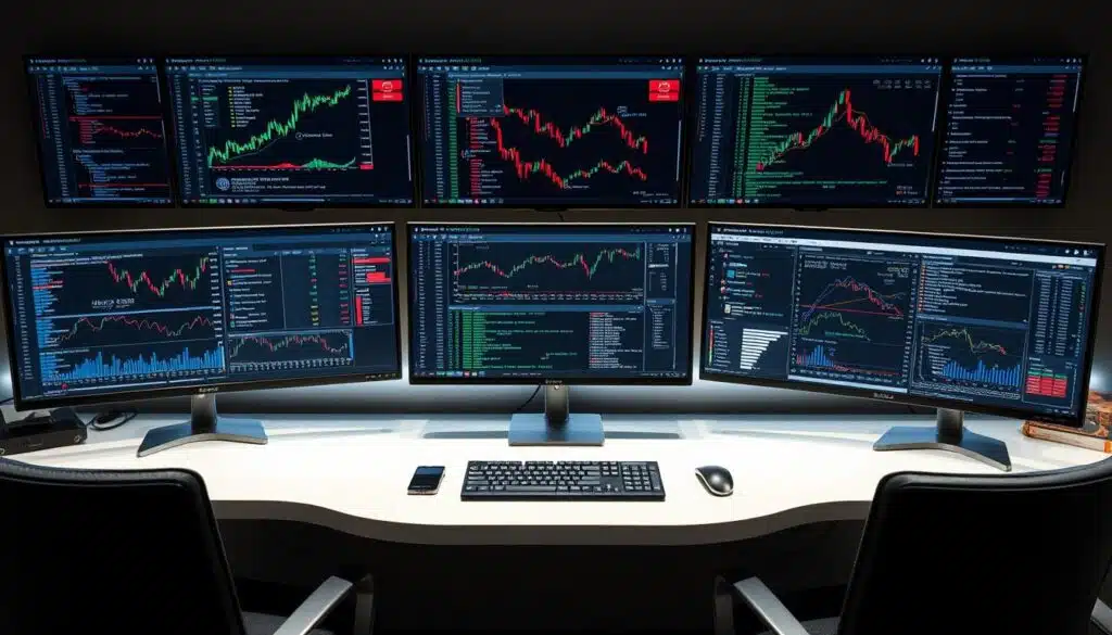 Successful AI cryptocurrency arbitrage trading setup with multiple monitors and trading dashboard Successful AI cryptocurrency arbitrage trading setup with multiple monitors and trading dashboard